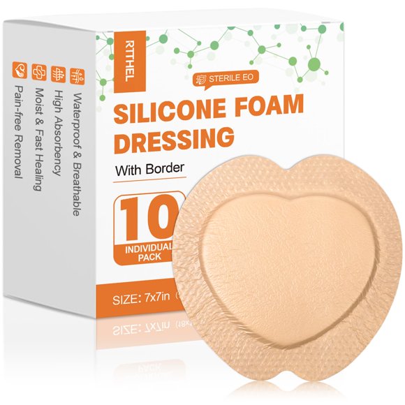 Apósito de espuma de silicona para sacro con borde, vendaje de espuma sacra, 7"x7" (17,8 cm x 17,8 cm) para úlceras por presión, almohadillas para glúteos, apósitos grandes para heridas, paquete de 10