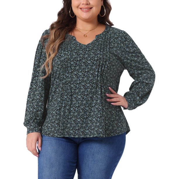 Agnes Orinda Blusa de Mujer Talla Grande Manga Larga con Pliegues Cuello en V con Muesca Túnica Floral Elegante Casual 3X Negro Azul