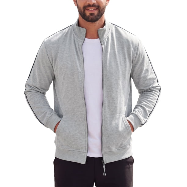 Sudadera Deportiva de Gimnasio para Hombre con Cuello Alto, Cremallera, Manga Larga y Color Sólido en Gris Claro