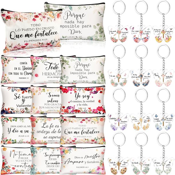 Set de regalo cristiano de 24 piezas: neceseres para mujer y llaveros con versículos
