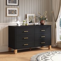 M&Ms - 6-Drawer Double Dresser , Modern Storage Cabinet With Metal Handles & Solid Wood Legs, Dresser Drawer Organizer For Kids Bedroom, Heavy-Duty Wooden Dresser With Pre-Installed,Black