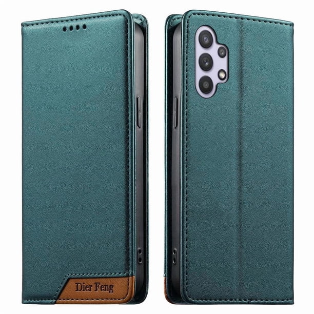 Funda Tipo Cartera de Cuero Sintético para Samsung Galaxy A32 5G Bloqueo RFID, con Ranuras para Tarjetas y Bolsillo para Efectivo, Cierre Magnético Fuerte Verde