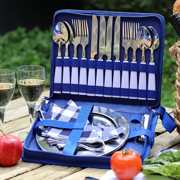 Outdoor Camping Tableware 23-piece Set With Storage Case, Portable Stainless Steel Plates, Knives, Forks, Spoons