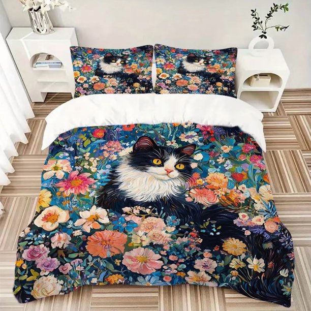 Colorful Garden Cat Print Cover Set Ultra Soft Breathable and Comfortable Bedding with Stylish Design for Bedroom and Guest Room Decor 1 Cover and 2 Matching Pi