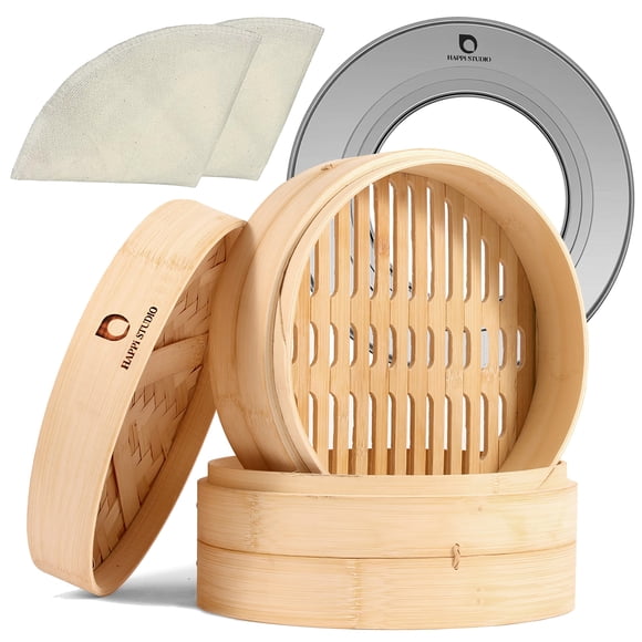Cesta vaporera de bambú HAPPI STUDIO de 2 niveles para cocinar, 25 cm
