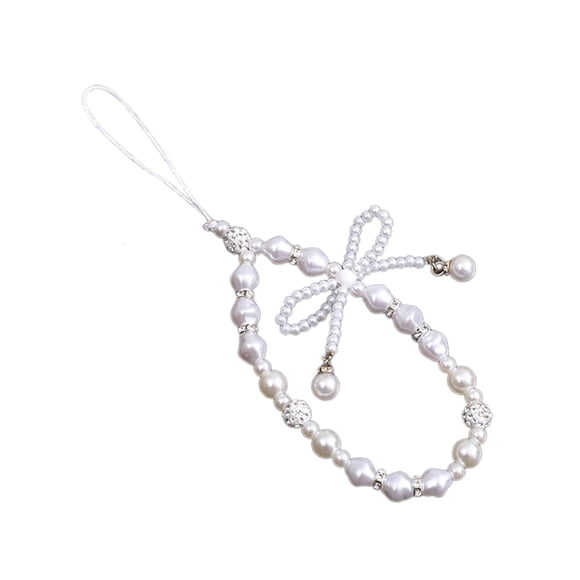 Bowknot-abalorio para teléfono, correa con cuentas, cadena para teléfono, cordón multiusos para decoración de regalo, funda para teléfono, cordón para Blanco