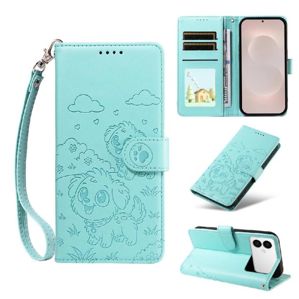 Funda Cartera para Samsung Galaxy S26 Edge Perro Cachorro Grabado con Tarjetas Soporte Correa Verde