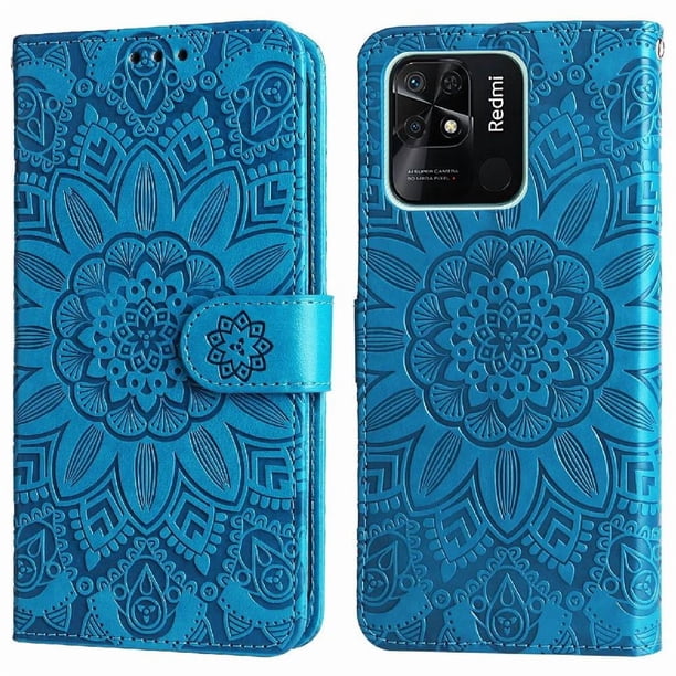 Funda tipo cartera FOXDOCK para Xiaomi Redmi 10C 4G , diseño girasol en relieve, cuero PU, cierre magnético, soporte y tarjetero