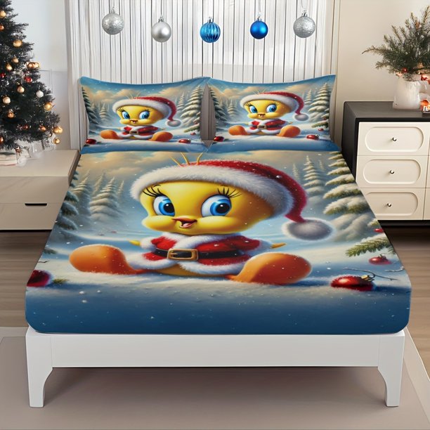 Christmas Cute Snowman in Red Cartoon Pattern Fitted Sheet Set Elastic Design for Perfect Mattress Coverage Creative Deep Pocket fi