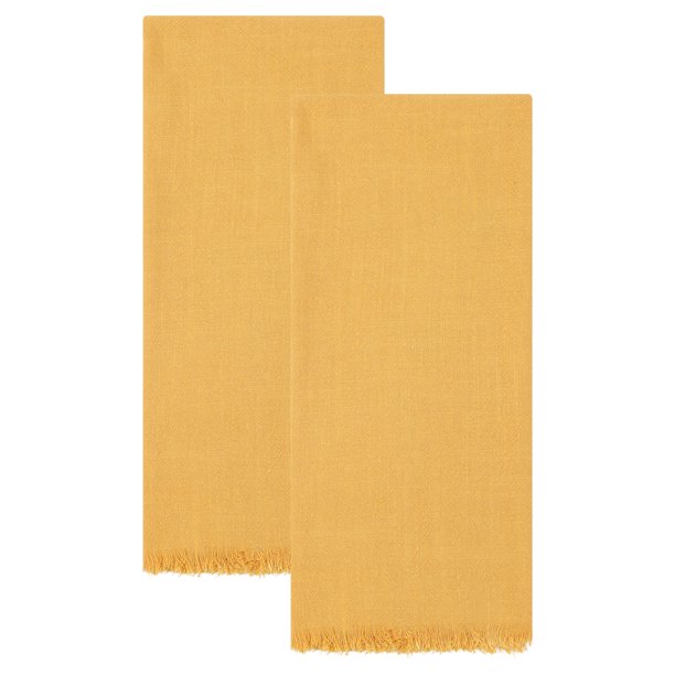 REGALWOVEN Paquete de 2 paños de cocina de algodón y lino, toallas de plato con flecos de color sólido, toallas de mano suaves y absorbentes amarillas 18" x 18"