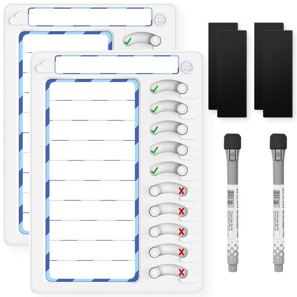 Chore Chart KAQUBE de borrado en seco para niños, paquete de 2 unidades, blanco y azul