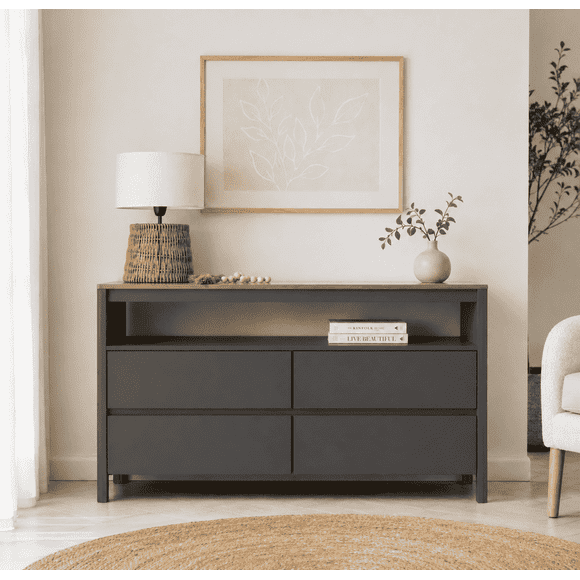 Cómoda "Alerce" 4 Cajones con Nicho Mueble de Pino Natural - Gris Grafito - 120x40x90 cm