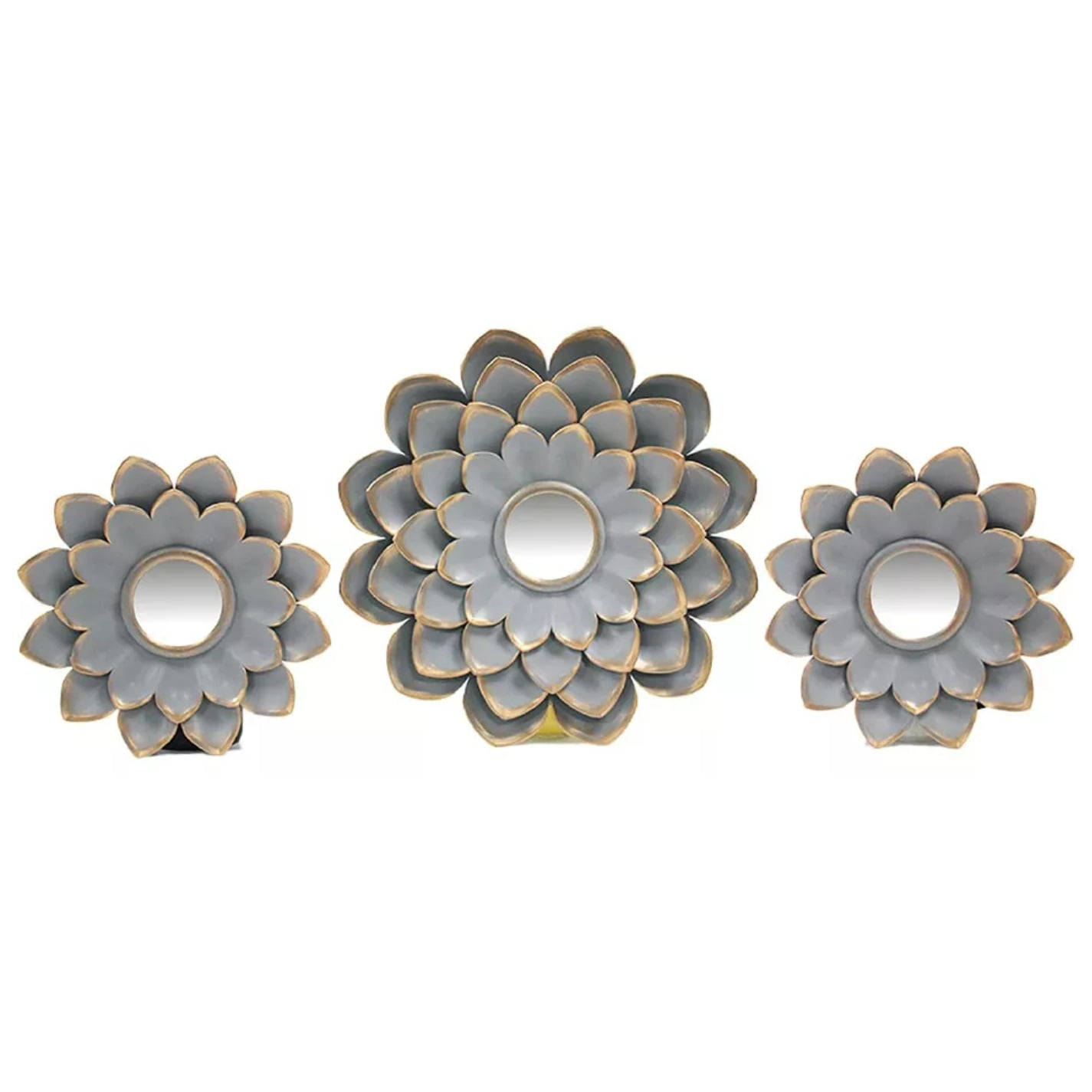 Set De 3 Espejos Flor Gris Borde Dorado Para Pared Taller Sin Fronteras