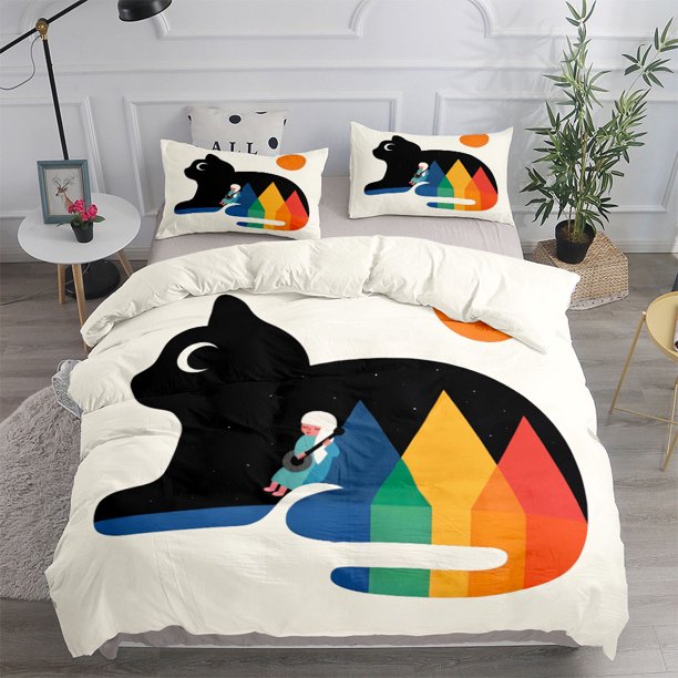 x1601 Bed SheetsEllen Poe Black Cat Starry Night Duvet Cover Set Full Twin Size Bed Linen Set 3-Piece Bedding Set (1 Duvet Cover + 2 Pillow Shams) nj1601