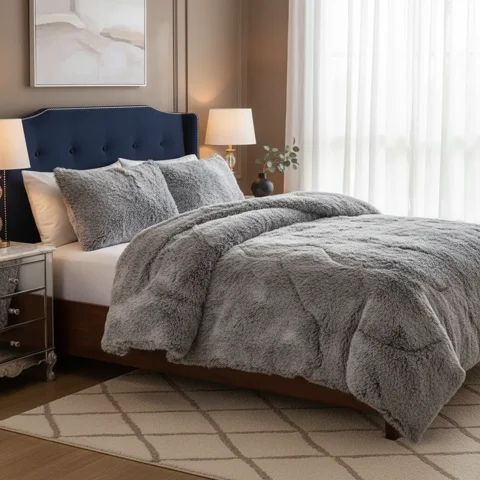 Casadeliacl - Plumon De Invierno Peludos Con Chiporro 2 Plazas Gris Jaspeado Peludo.