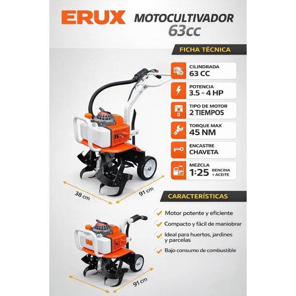 Motocultivador 63cc 2 Tiempos Gasolina Cultivador De Tierra