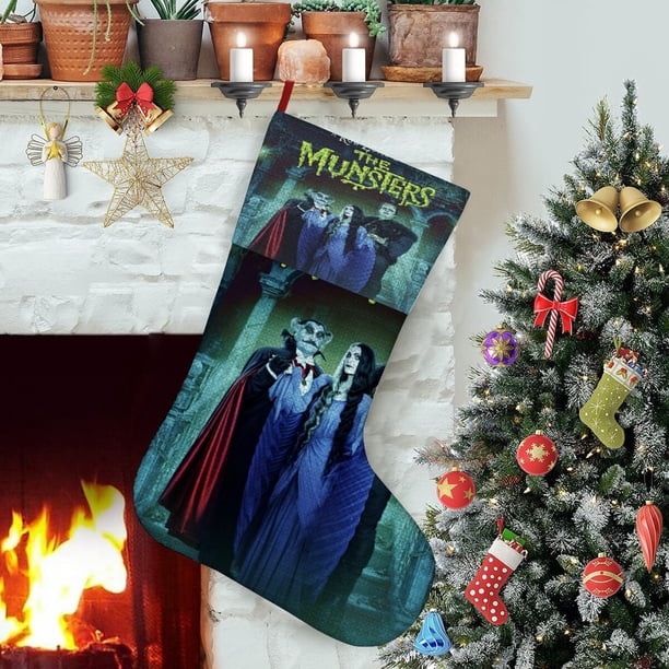 Los Munster Tema: Calcetines de Navidad, fino lino blanco para colgar en escaleras y chimenea, decoración navideña para el hogar, regalo de Navidad.54cm×38cm