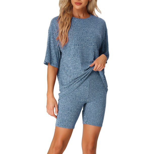 INSPIRE CHIC Conjunto de chándal de punto acanalado suave para mujer, camiseta de manga corta, pantalones cortos, ropa de estar, ropa de dormir XL Azul