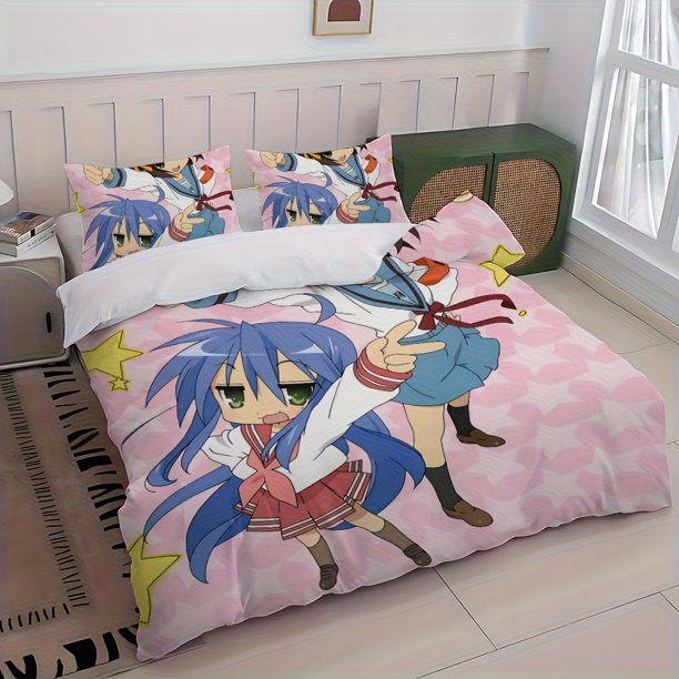 This bedding Features a Cute And Vibrant Design Inspired by The Anime Lucky Stars Including One Duvet Cover And Two Pillowcases
