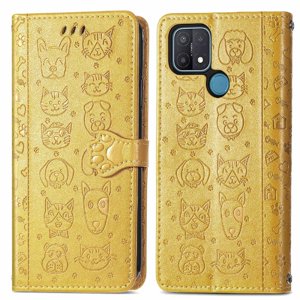 Funda Cartera Foxdock Para Oppo A15 , Flip Pu Con Relieve De Gatos Y Perros, Tarjetero Y Soporte