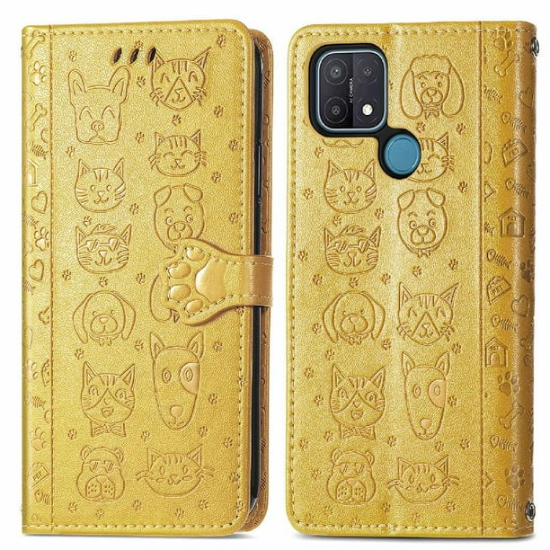 Funda Cartera FOXDOCK para OPPO A15 , Flip PU con Relieve de Gatos y Perros, Tarjetero y Soporte