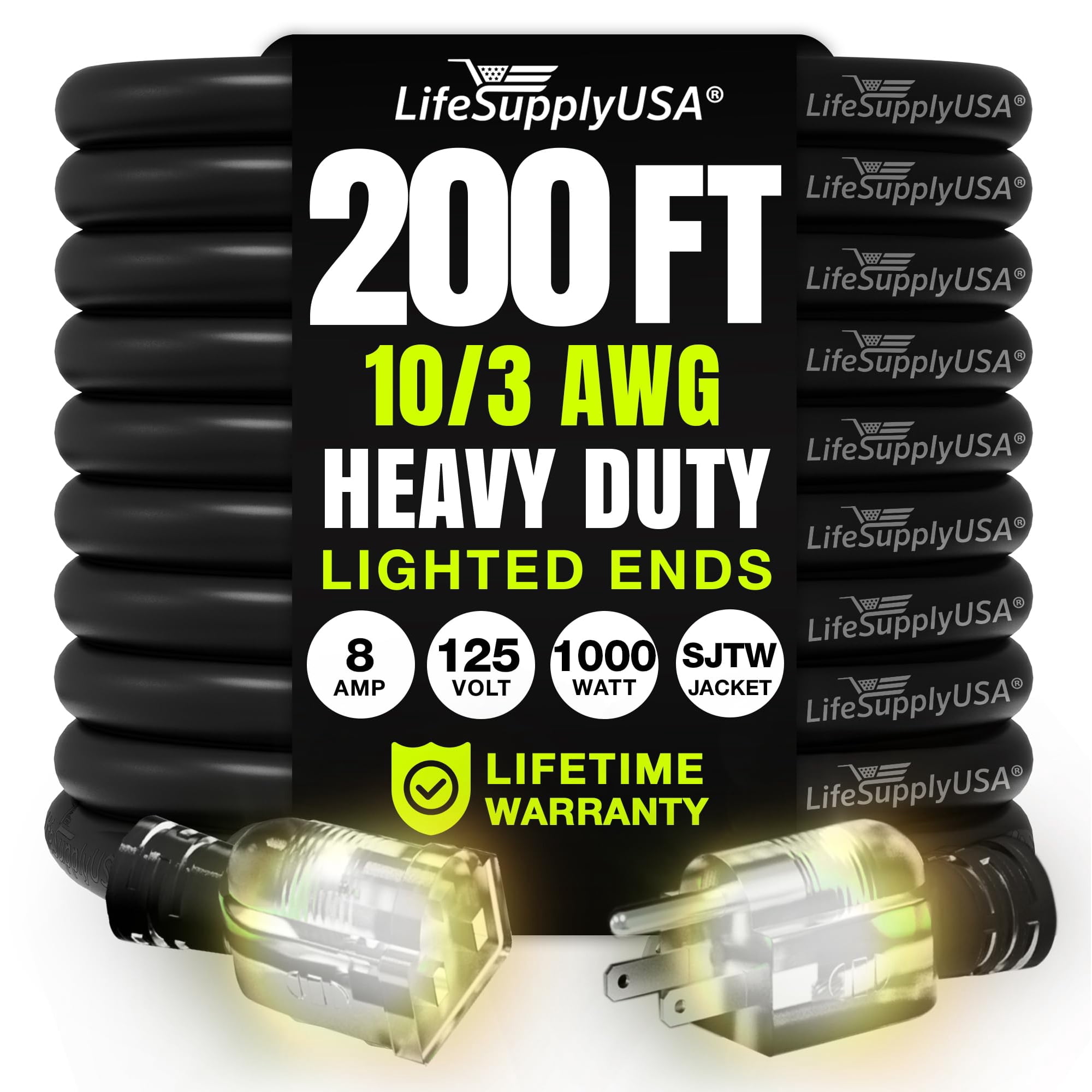 Cable De Alimentación Lifesupplyusa De 200 Pies, Calibre 10/3, Impermeable, Negro