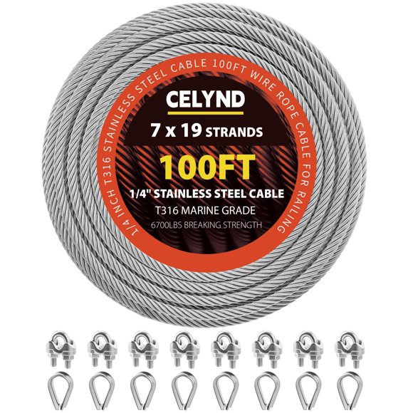 Cable de Acero Inoxidable CELYND 100 pies (30 m) 1/4\" T316