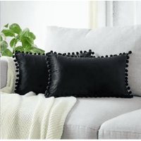 Genérico - Pack De 2 Fundas De Cojín Terciopelo Con Pompones 30X50 Cm Negro