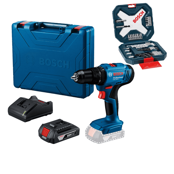 Taladro Percutor Bosch GSB 183-LI 18V + Batería + Cargador + Set 34 Accesorios
