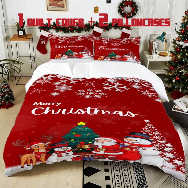 3pcs Merry Christmas Red Printed Bedding Set Soft Duvet Cover with 2 Pillowcases All Season Comfort