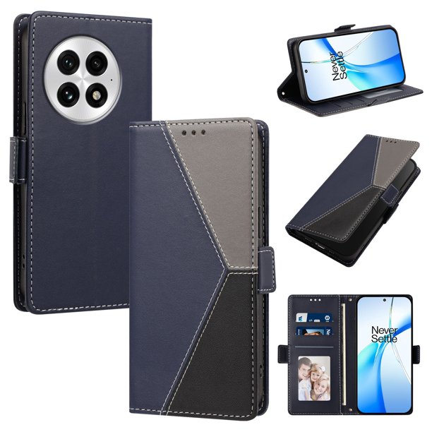 Funda Libro Tricolor para OnePlus 13 con Ranuras para Tarjetas, Azul Oscuro