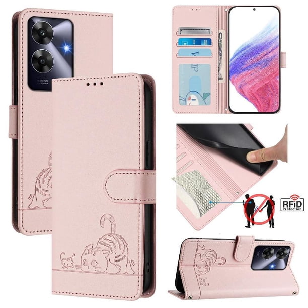 Funda tipo cartera FOXDOCK para Realme note 60 4G con soporte, ranuras, RFID, diseño de gato