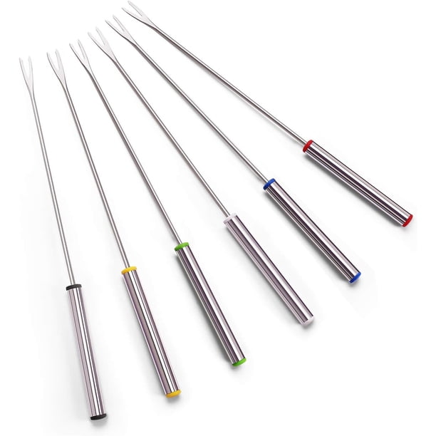 Paquete de 12 tenedores para fondue, tenedores para fondue de acero inoxidable de 24 cm con mango resistente al calor de color para brochetas a la parrilla de chocolate, queso y malvaviscos