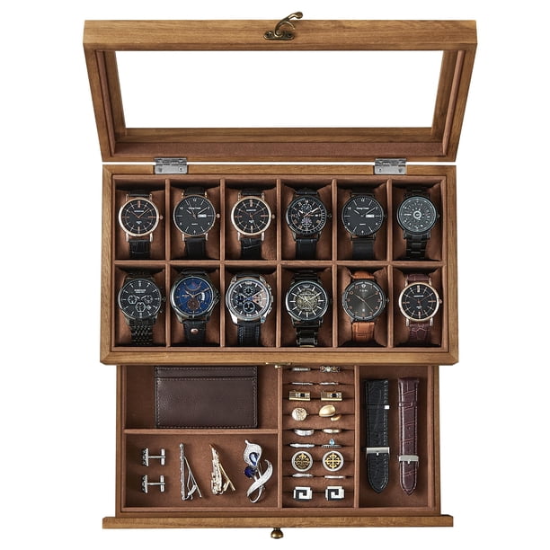 Caja de relojes SONGMICS de 12 ranuras y 2 niveles con tapa de vidrio de nogal rústico