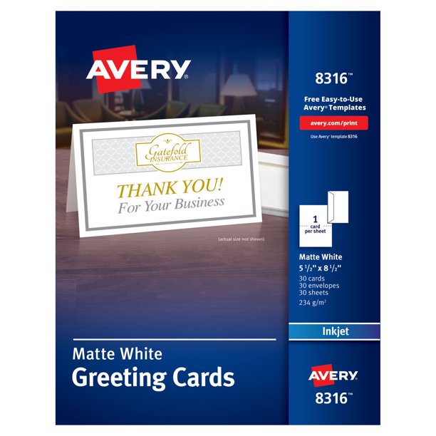 Tarjetas de felicitación Avery para imprimir, dobladas hasta la mitad, color blanco mate, 30 peniques