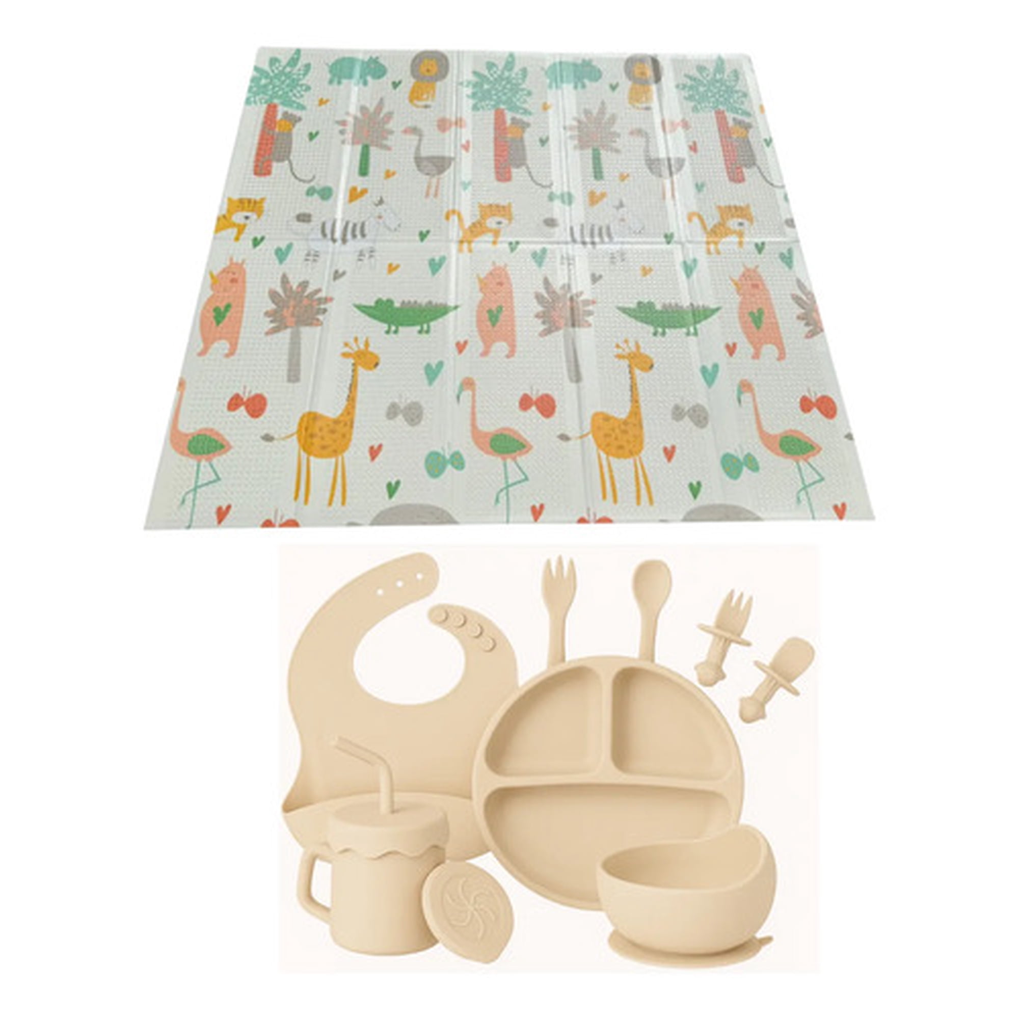 Marca - Pack Bebé Alfombra Plegable Y Set Alimentación Silicona Beige