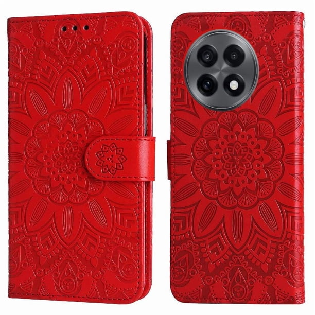 Funda tipo cartera FOXDOCK para OnePlus 13R 5G , diseño girasol en relieve, cuero PU, cierre magnético, soporte y tarjetero