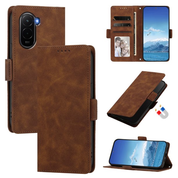 Funda Billetera Delgada para Xiaomi POCO M7 4G con Ranuras y Soporte Marrón