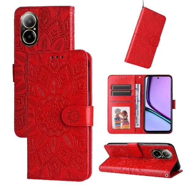 Funda tipo cartera FOXDOCK para Realme C67 4G , diseño girasol en relieve, cuero PU, cierre magnético, soporte y tarjetero