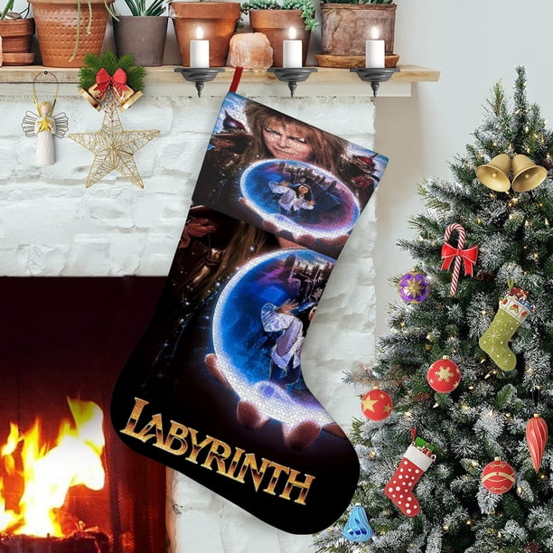 Laberinto la Película Tema: Calcetines de Navidad, fino lino blanco para colgar en escaleras y chimenea, decoración navideña para el hogar, regalo de Navidad. 45cm × 32cm