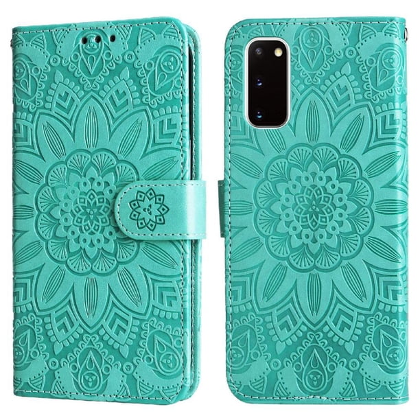 Funda tipo cartera FOXDOCK para Samsung Galaxy S20 , diseño girasol en relieve, cuero PU, cierre magnético, soporte y tarjetero