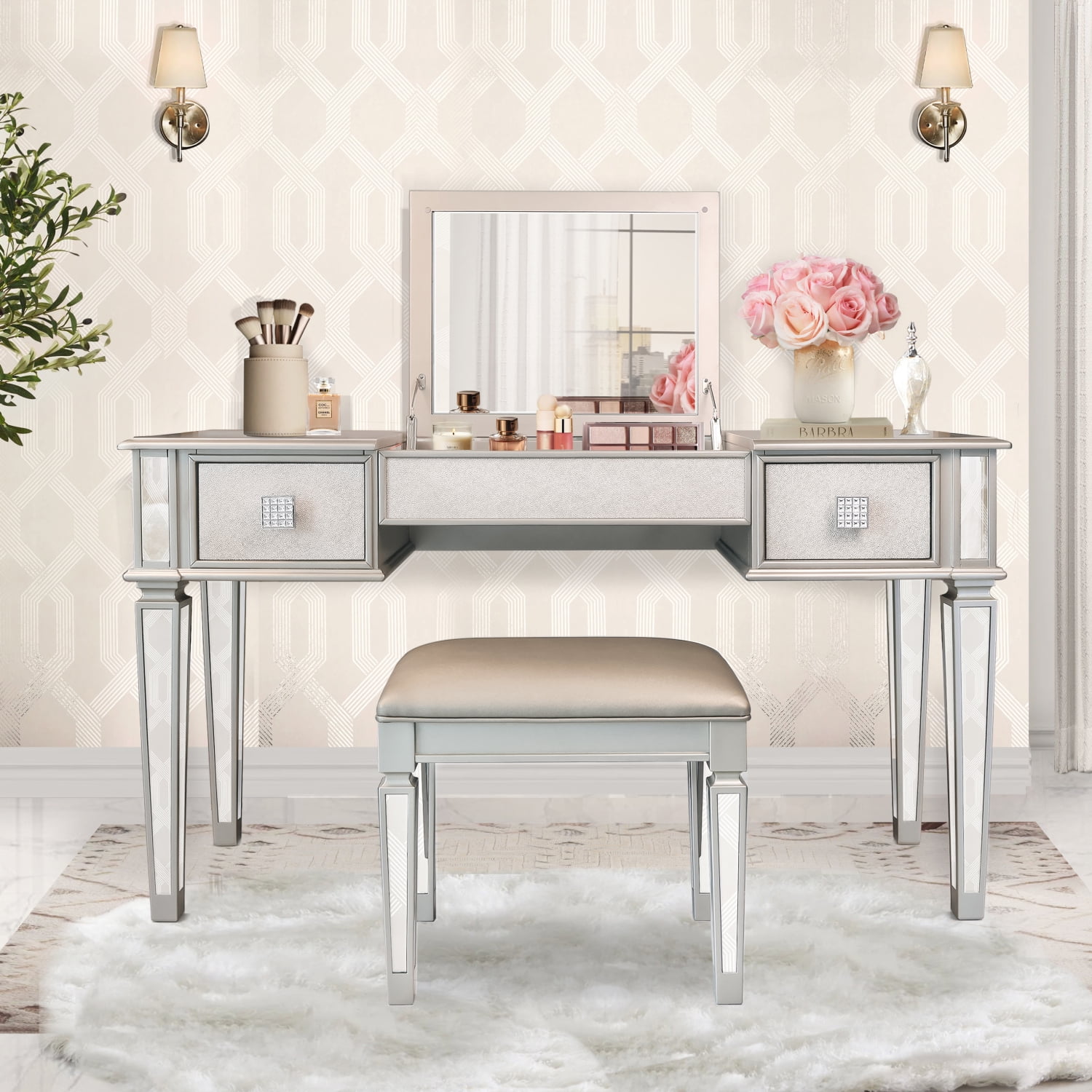 M&ms - Mirrored Vanities Desk With Drawers, Bedroom Makeup Vanity Table Set With Mirror And Stool, Flip Up Dressing Table For Bedroom/makeup Room, Working Desk For Women, Girl Furniture Combo