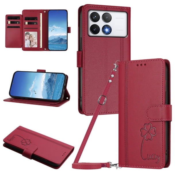 Funda Cartera Trébol para Xiaomi Poco F6 Pro con Ranuras Tarjetas y Carga Inalámbrica Rojo