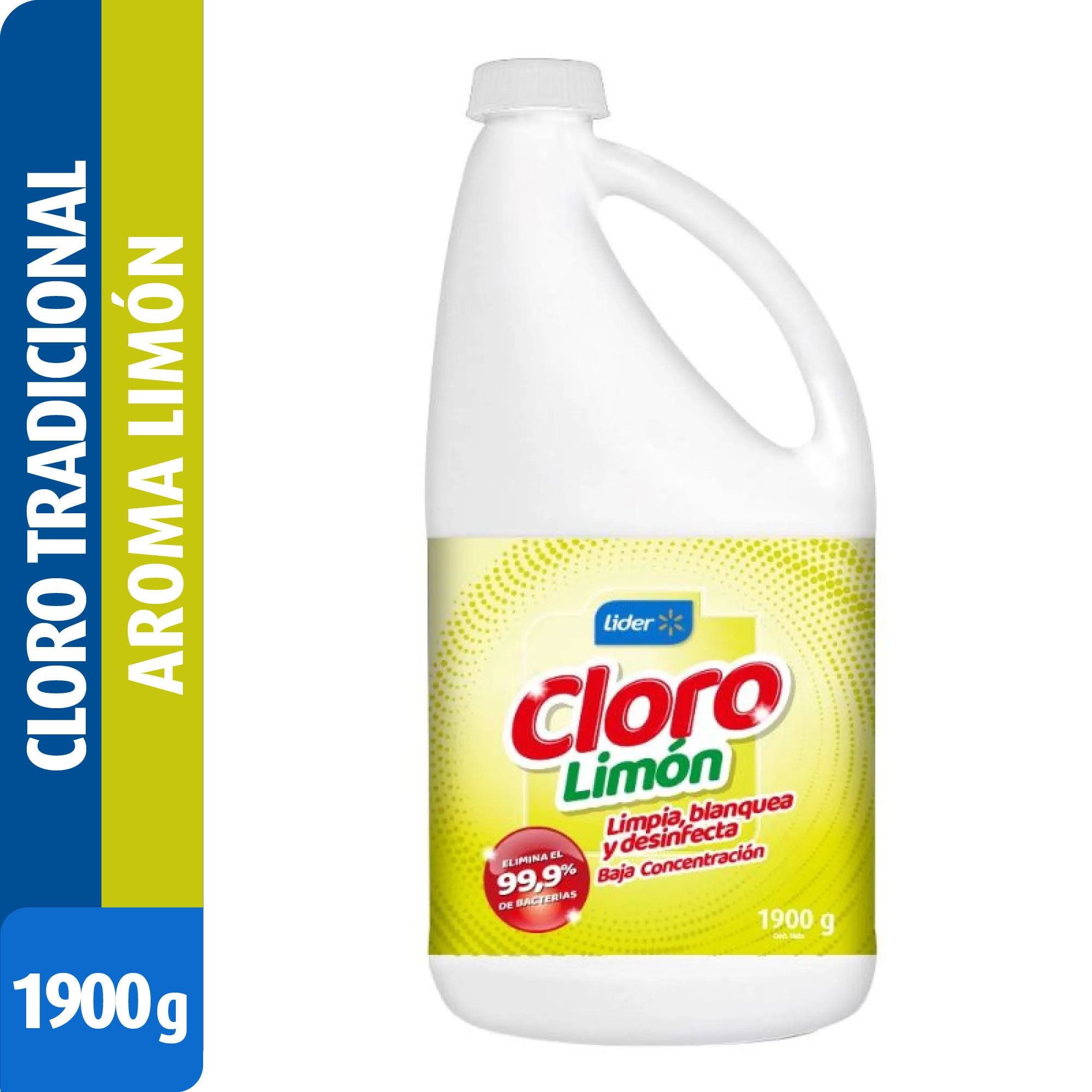Cloro Líquido Baja Concentración Desinfectante, Solución 2,5% Aroma Limón Botella 1900 g Lider
