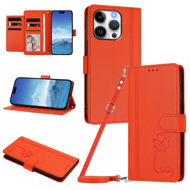Funda Cartera Trébol para iPhone 16 Pro Max con Ranuras Tarjetas y Carga Inalámbrica Naranja