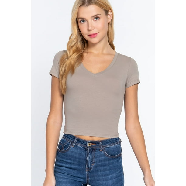 Saronite Top Corto Básico de Algodón con Cuello en V y Manga Corta, Verde Ostra (para Mujer)