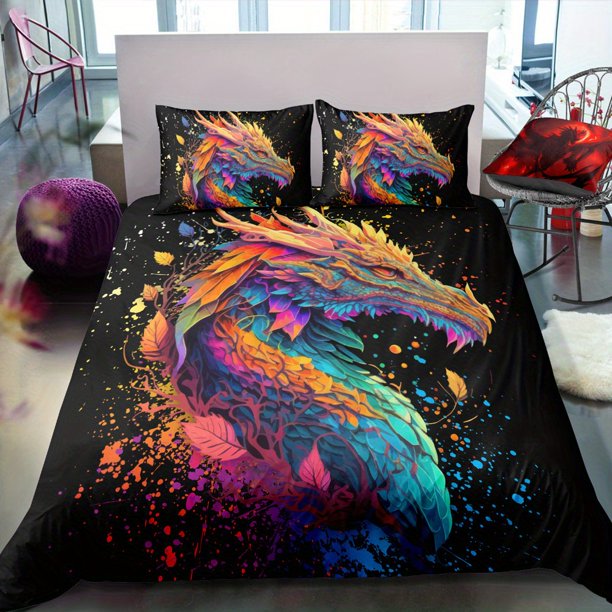 Three-Piec-e Set Beddi-ng Set Myst-erious Dra-gon Beddi-ng Suit with Pringting -Soft and Com-fortab-le Q-uilt- Cover -Suitable- for Bedroom and Gue-st Room