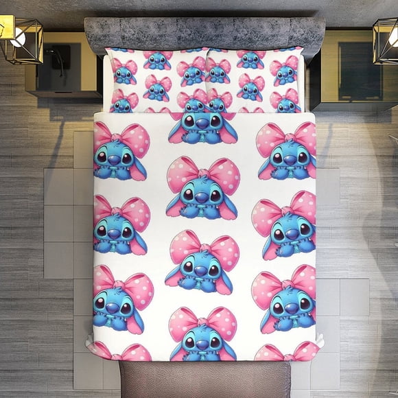 Stitch Pink Bow 3 Pieces Duvet Cover Set Full Size Super Soft Fade Resistant Microfiber