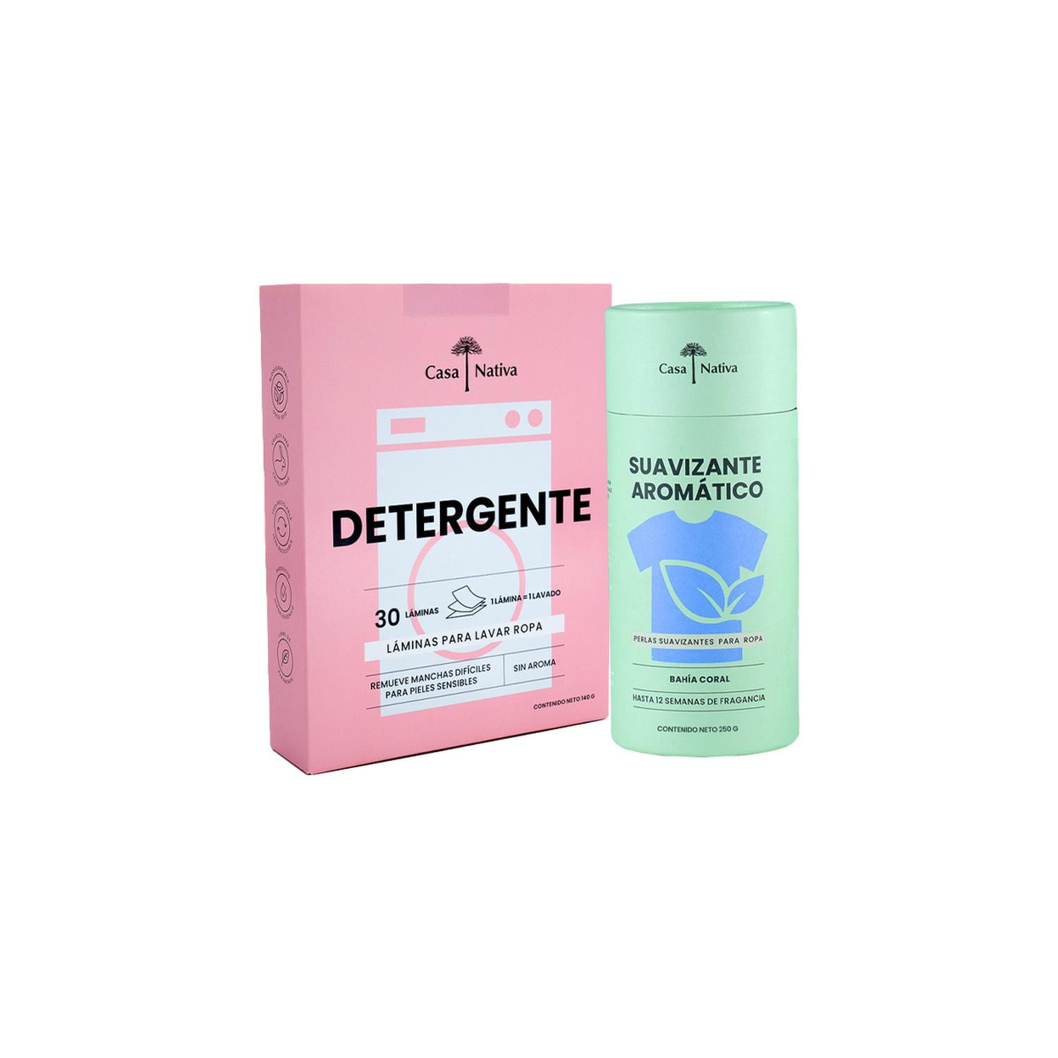 Pack Detergente Láminas Sin Aroma + Suavizante Bahía Coral Casa Nativa
