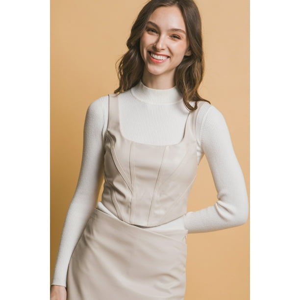 Top De Corsé Corto De Piel Sintética Color Crema (para Mujer)